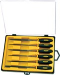 · 6 x 140mm needle files with rubber cushioned grip · Comprising flat taper  half round  three squ