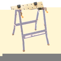 Portable workbench with dual clamping action and 24 holes for work clamping dogs. Special tilting