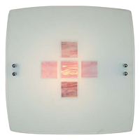 Attractive ceiling glass flush light fitting with pink squares decoration. Height - 10cm Diameter - 