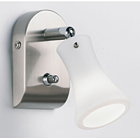 Satin chrome halogen wall spot light fitting with frosted glass shade. Complete with dimmer switch. 