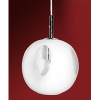 Circular glass pendant fitting in a white and clear glass finish with polished chrome trim. Height -