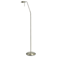 Touch dimmable antique brass floor lamp with a circular glass dish on the head and an adjustable arm