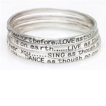 Silver-plated four-bangle setMotivational phrase included on each bangleComes with a gift pouchThis set of silver-plated bangles bears the phrases Dance as though no one is watching you, Love as though you have never been hurt before, Sing as though 