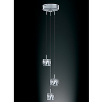 Satin silver pendant fitting with three hanging clear ice cube glass shades. Height - 115cm Diameter