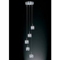 Satin silver pendant fitting with five hanging clear ice cube glass shades. Height - 115cm Diameter 