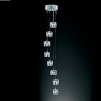 Satin silver pendant fitting with eight hanging clear ice cube glass shades. Height - 116cm Diameter
