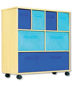 Mobile storage chest in beech colour, with 7 light and dark blue canvas drawers. Complete with
