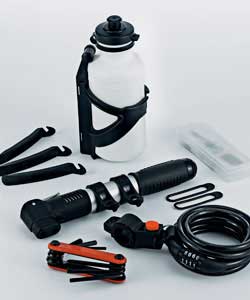 Contains the following.Bottle.Bottle cage.Repair kit.Tyre levers.Cable lock.Hand pump.Multi tool.