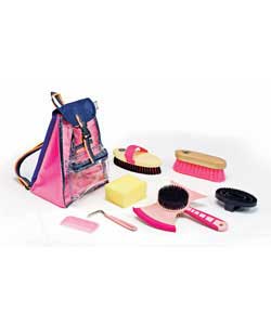 Handy pink/purple rucksack containing:Medium body brush.Medium dandy brush.Sponge.Mane comb.Hoof pic