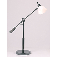 Contemporary and stylish black chrome halogen desk lamp with adjustable arm and opal glass shade. He