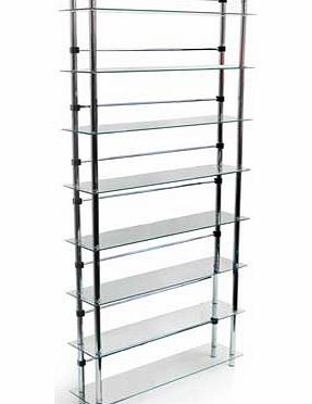 Clear glass and chrome display storage shelf ideal for DVD. CD. books. Eight tempered glass shelves with high chrome rails and the rear crossbars. Up to 520 CDs or 344 DVDs/Blu-rays/computer games. Space between shelves 21cm. Simple self assembly. Te