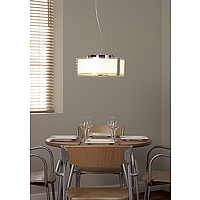 Circular opal glass pendant with polished chrome trim suspended by adjustable cables. Height - Adjus