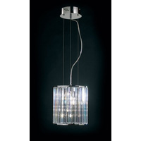 Modernistic circular polished chrome adjustable pendant light fitting with clear crystal glass rods.