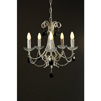 This is a very stylish cream chandelier covered with clear crystals and finished with black crystal 