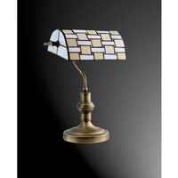 Handmade stained glass tiffany bankers table lamp in a staggered amber finish with antique brass bas