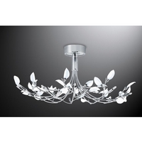 Modernistic polished chrome ceiling fitting with curving arms and delicate white leaf shaped glass p