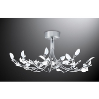 Modernistic polished chrome ceiling fitting with curving arms and delicate white leaf shaped glass p