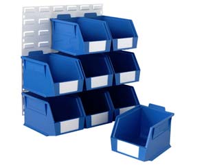 9 blue plastic containers with louvred panel. High density storage bins to store small items