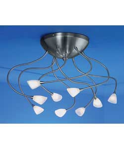 Brushed chrome finish with acid glass shades.Diameter 22cm.Total arm length 48cm (max).Requires 9 x