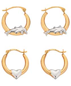 Unbranded 9ct 2 Colour Gold Dolphin Creole Earrings - 2 Pairs
