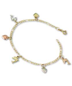 9ct 3 Coloured Gold Heart and Dolphin Charm Bracelet