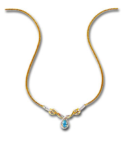 9ct Gold Blue Topaz and Diamond Teardrop Necklet