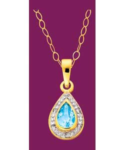 9ct Gold Blue Topaz and Diamond Teardrop Pendant