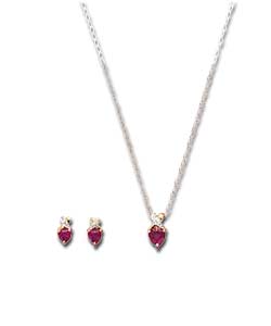 9ct Gold Created Ruby and Diamond Earring and Pendant Set