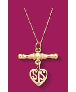 9ct Gold Cubic Zirconia Sister Heart T-Bar Pendant