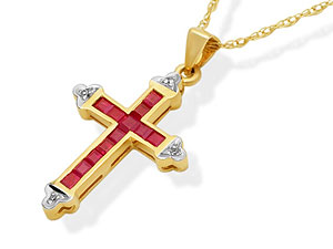 Unbranded 9ct-Gold-Diamond-And-Ruby-Cross-And-Chain-045711