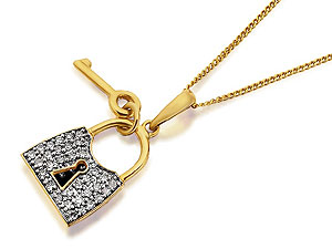 Unbranded 9ct-Gold-Diamond-Lock-And-Key-Pendant-And-Chain--15pts-049505