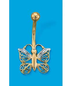 9ct Gold Diamond Set Filigree Butterfly Body Bar