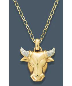 9ct Gold Diamond Set Raging Bull Head Pendant