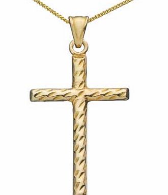 A silver twist cross necklace is gold plated giving it a classic look. With its simple and elegant curb chain design means it can be worn everyday. 9ct gold plated sterling silver. Length of necklace 46cm/18in. Pendant size H22. W17mm.