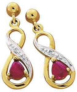 9ct Gold Ruby and Diamond Teardrop Earrings