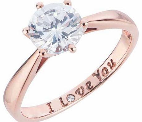 Show that special someone how you feel with this special I love you ring. Made from rose gold plated silver and featuring a white cubic zirconia. this lovely ring make a wonderful gift. Cubic zirconia stone set. Available in sizes H to V. Message in 