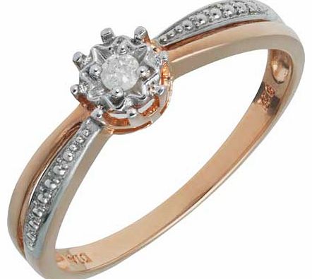 Show someone how much they mean to you with this beautiful ring. Made from rose gold plated silver and featuring a diamond solitaire with smaller diamonds twisting across the band. this ring is the perfect present. Width of ring 0.85mm. Available in 