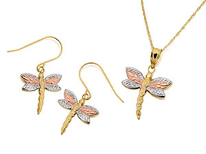 Unbranded 9ct-Three-Colour-Gold-Dragonfly-Pendant-And-Earring-Set-075014