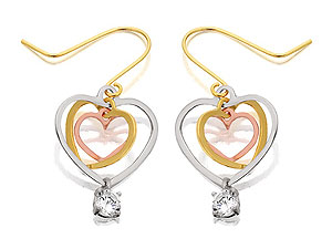 Unbranded 9ct-Three-Colour-Gold-Open-Hearts-And-Cubic-Zirconia-Hook-Wire-Drop-Earrings--23mm-071095