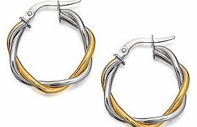 Two strands of gold, one white the other yellow twist around each other to create these 2cm diameter modern hoop earrings, finished with a snap shut fastener.