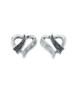 9ct White Gold Black and White Diamond Heart Stud Earrings