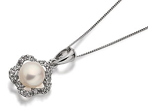 Unbranded 9ct-White-Gold-Cultured-Pearl-And-Diamond-Flower-Pendant-And-Chain-046216