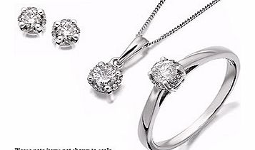Unbranded 9ct White Gold Diamond Ring, Pendant And Earring