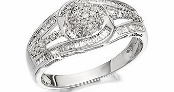 Dramatic and detailed 10mm face with a round brilliant diamond cluster, four baguette cut diamond set strands with a further diamond set strand running through (1/2ct total diamond weight).