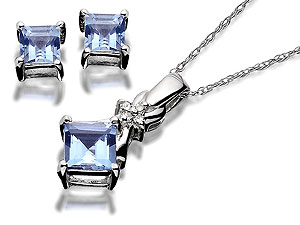 Unbranded 9ct-White-Gold-Offset-Aqua-And-Diamond-Pendant-And-Earring-Set-075017