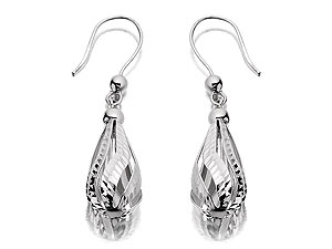 Separate strands of diamond cut 9ct white gold meet to create these attractive hook wire, 20mm drop earrings.