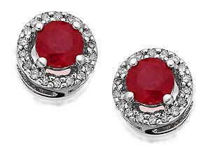 Unbranded 9ct White Gold Ruby Diamond Cluster Earrings -