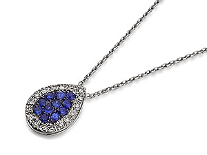 Unbranded 9ct-White-Gold-Sapphires-And-Diamond-Cluster-Peardrop-Pendant-And-Chain-046221