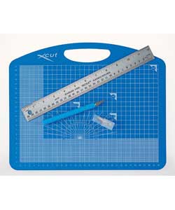Includes A4 Xcut self healing cutting mat with measuring grid, metal straight edge ruler, and a craf