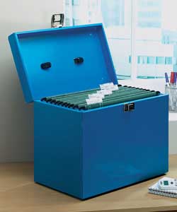 Lockable filing box.Blue.Metal with blue powder coat.Item is stackable.Ideal for home or office use.